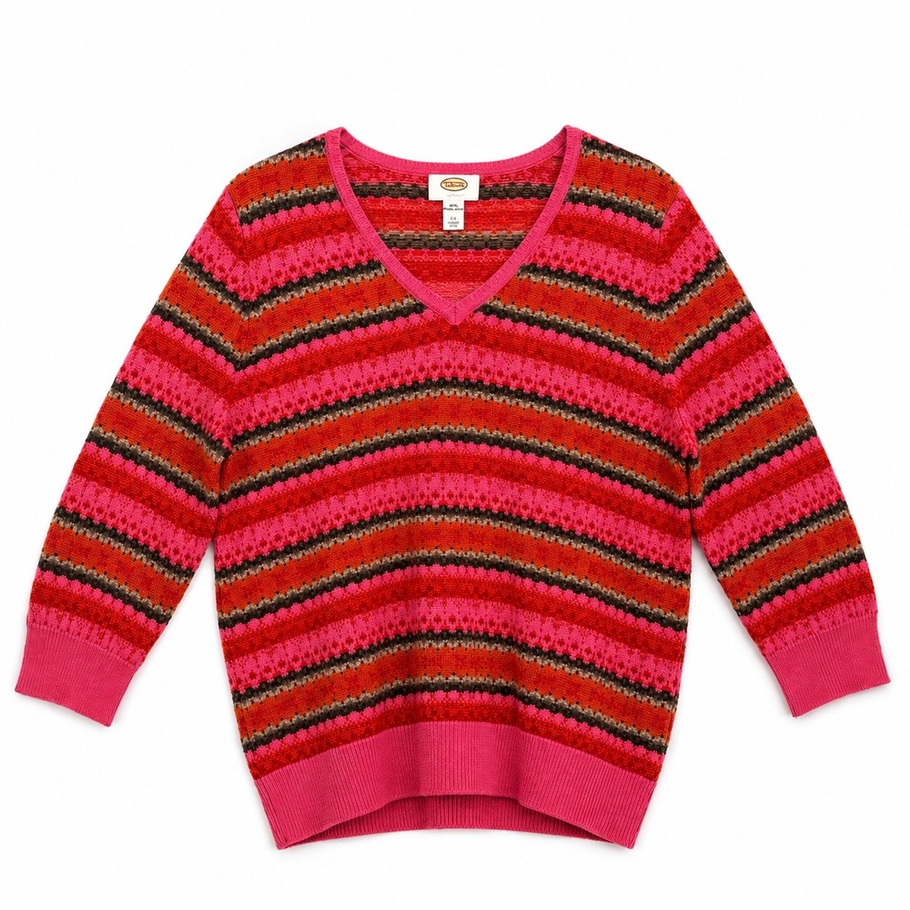 Talbots Fair Isle Merino Wool Sweater Womens 2X Pink Orange Nordic Stipe‎